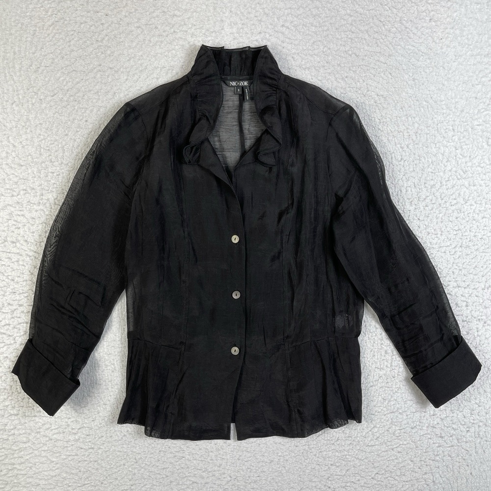 NIC+ZOE Blouse Womens S Black Ruffle Collar Sheer Peplum Gothic Dark Academia